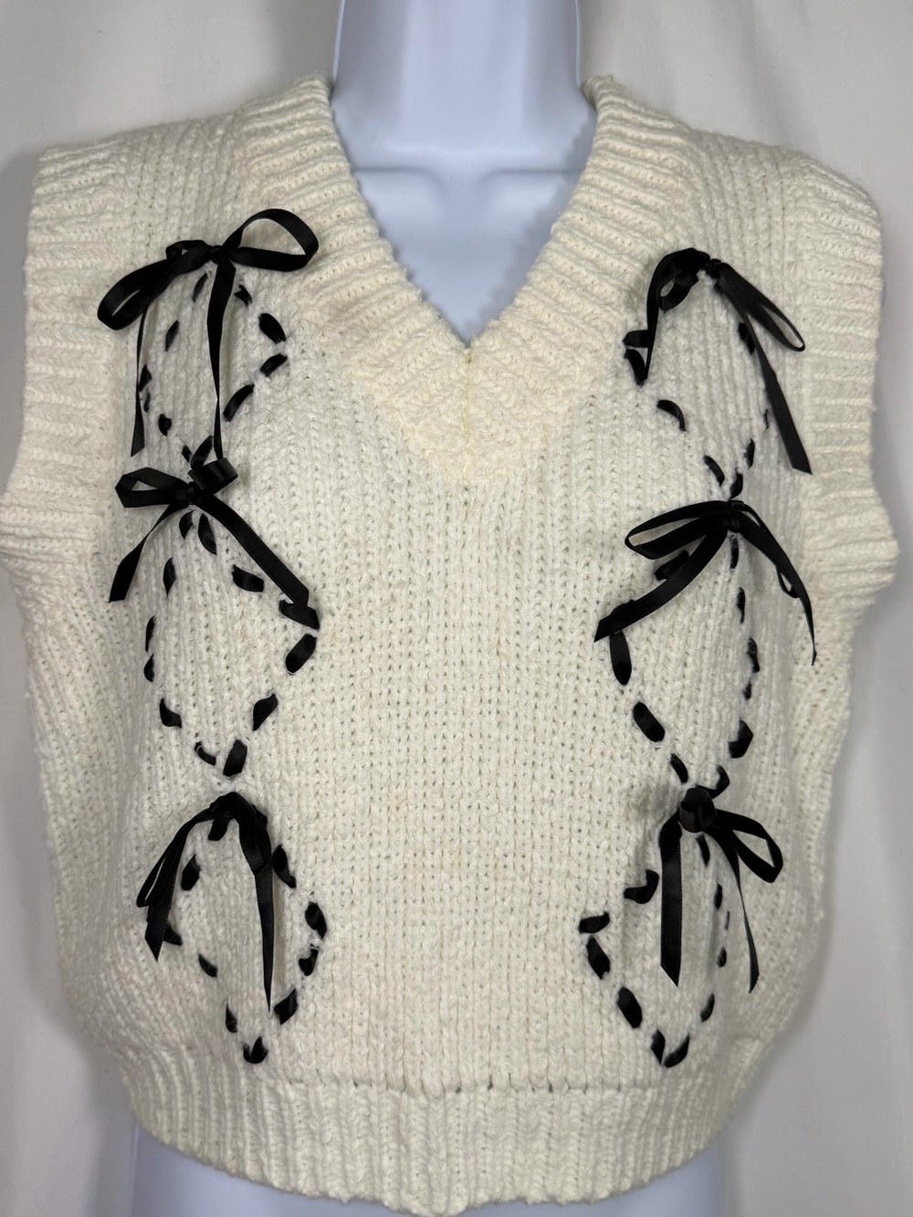 Ivory Chunky Knit Sweater Vest Black Ribbon Bow Lace Up - XS
